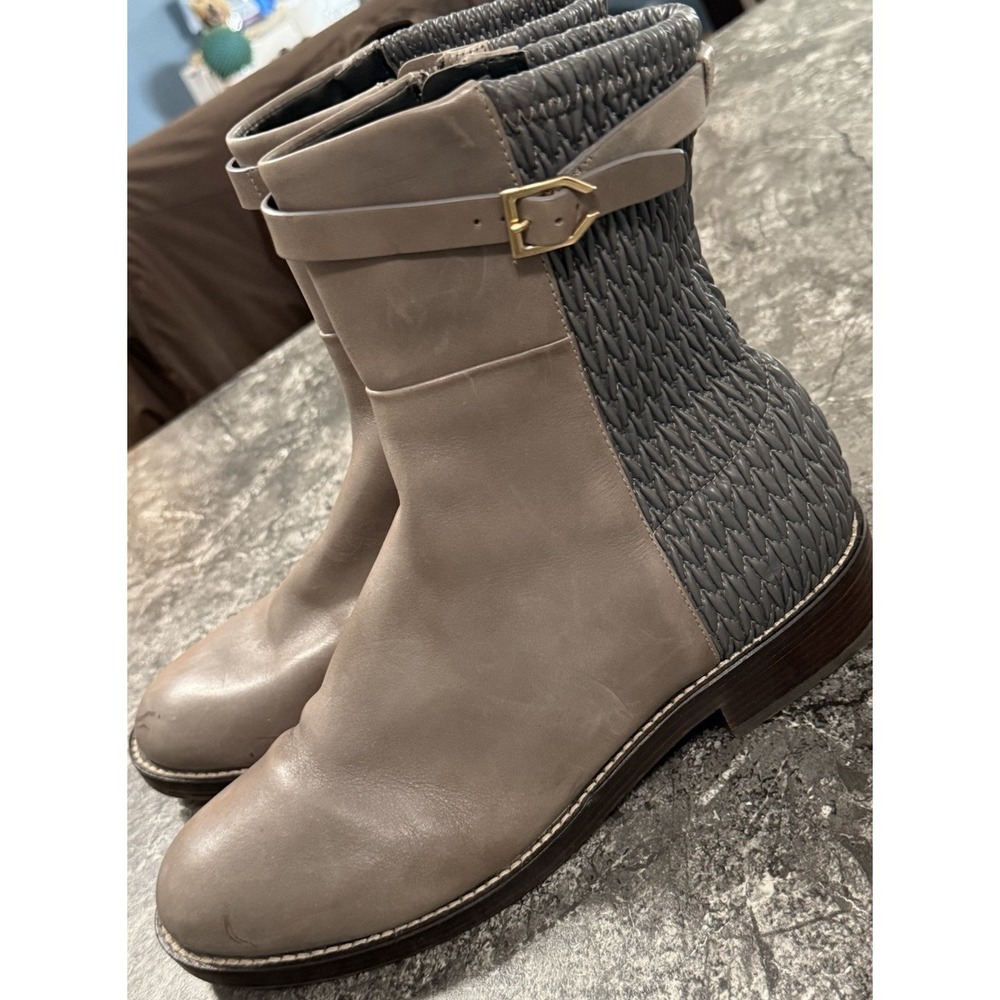 Cole Haan Lexi Grand Stretch Buckle Strap Leather Boot Mid Calf Two Tone Gray 8B